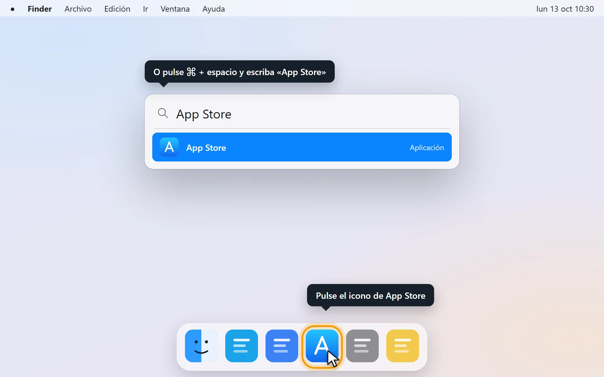 Escritorio del Mac con el icono de App Store señalado en la barra inferior.