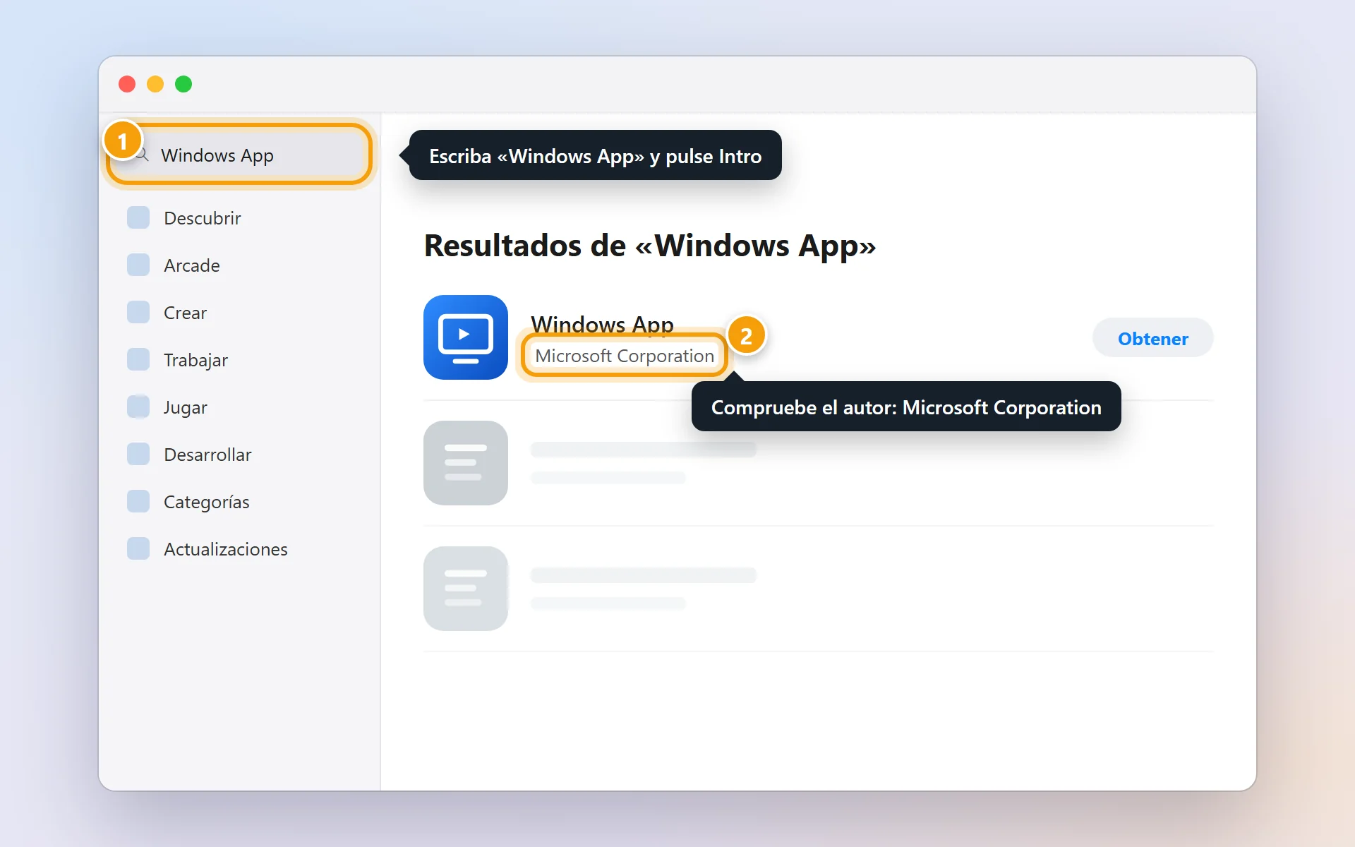 App Store con «Windows App» buscado y el autor Microsoft Corporation señalado.