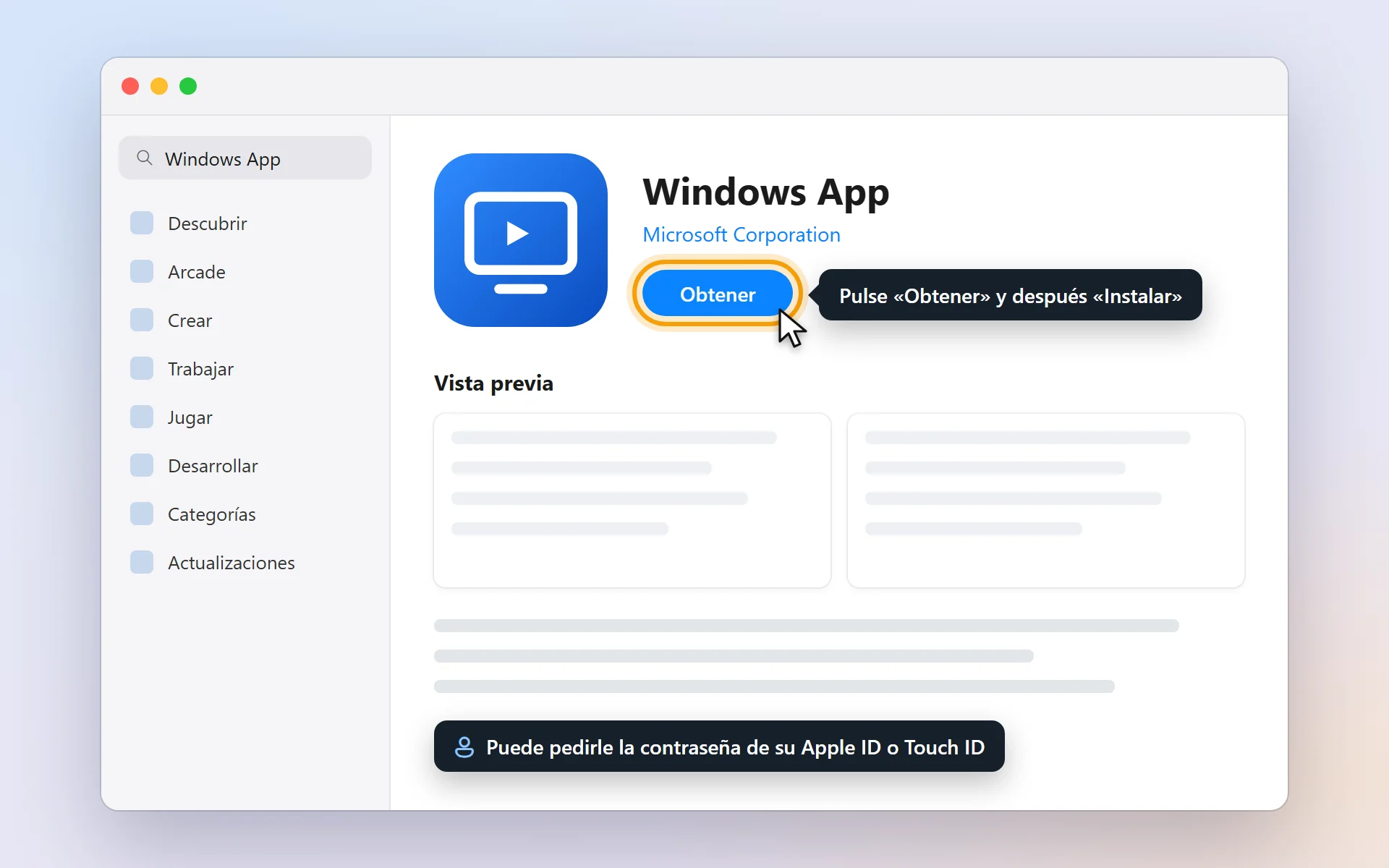 Página de Windows App en la App Store con el botón Obtener señalado.