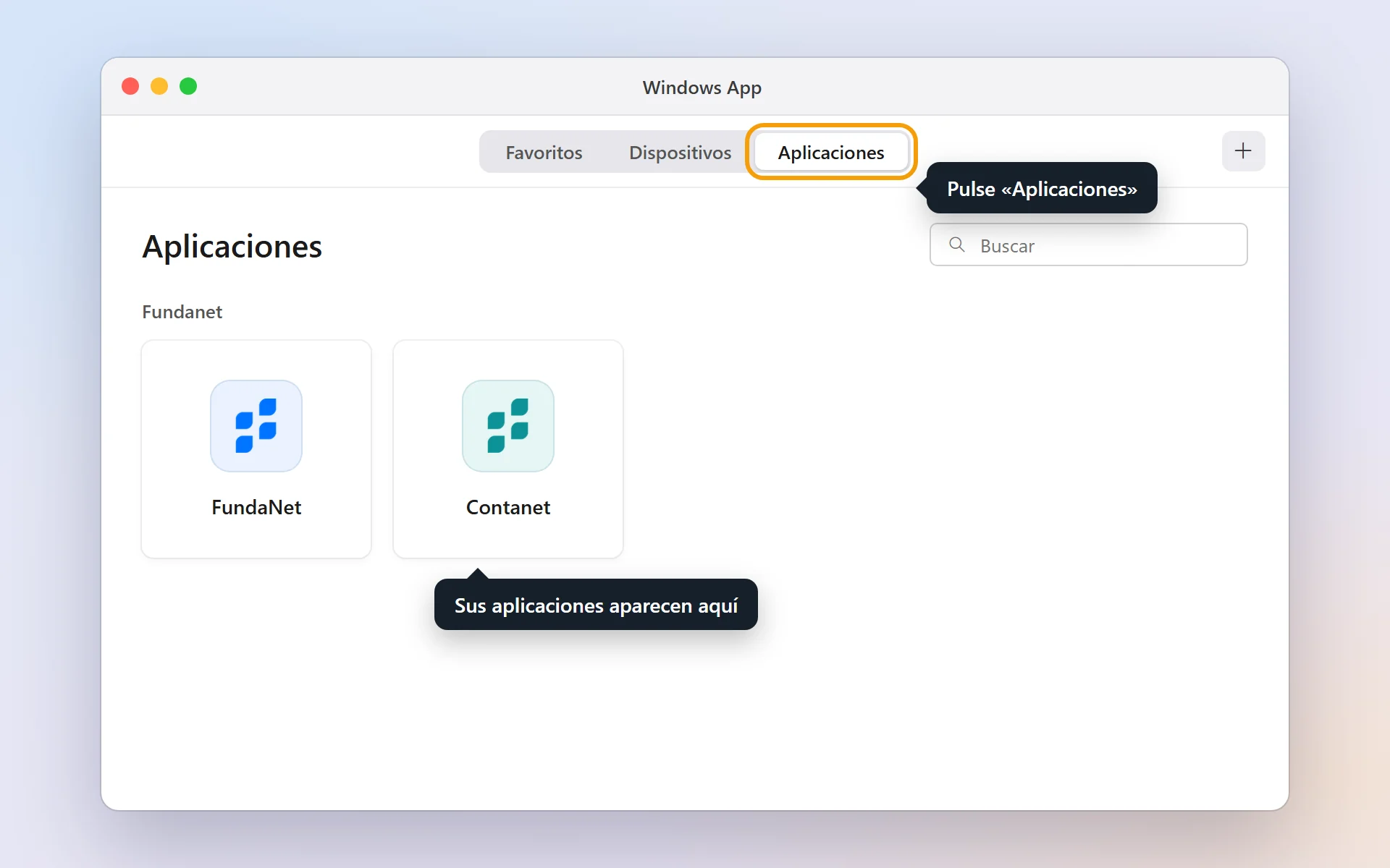Windows App en el Mac, en la pestaña Aplicaciones, con FundaNet y Contanet.
