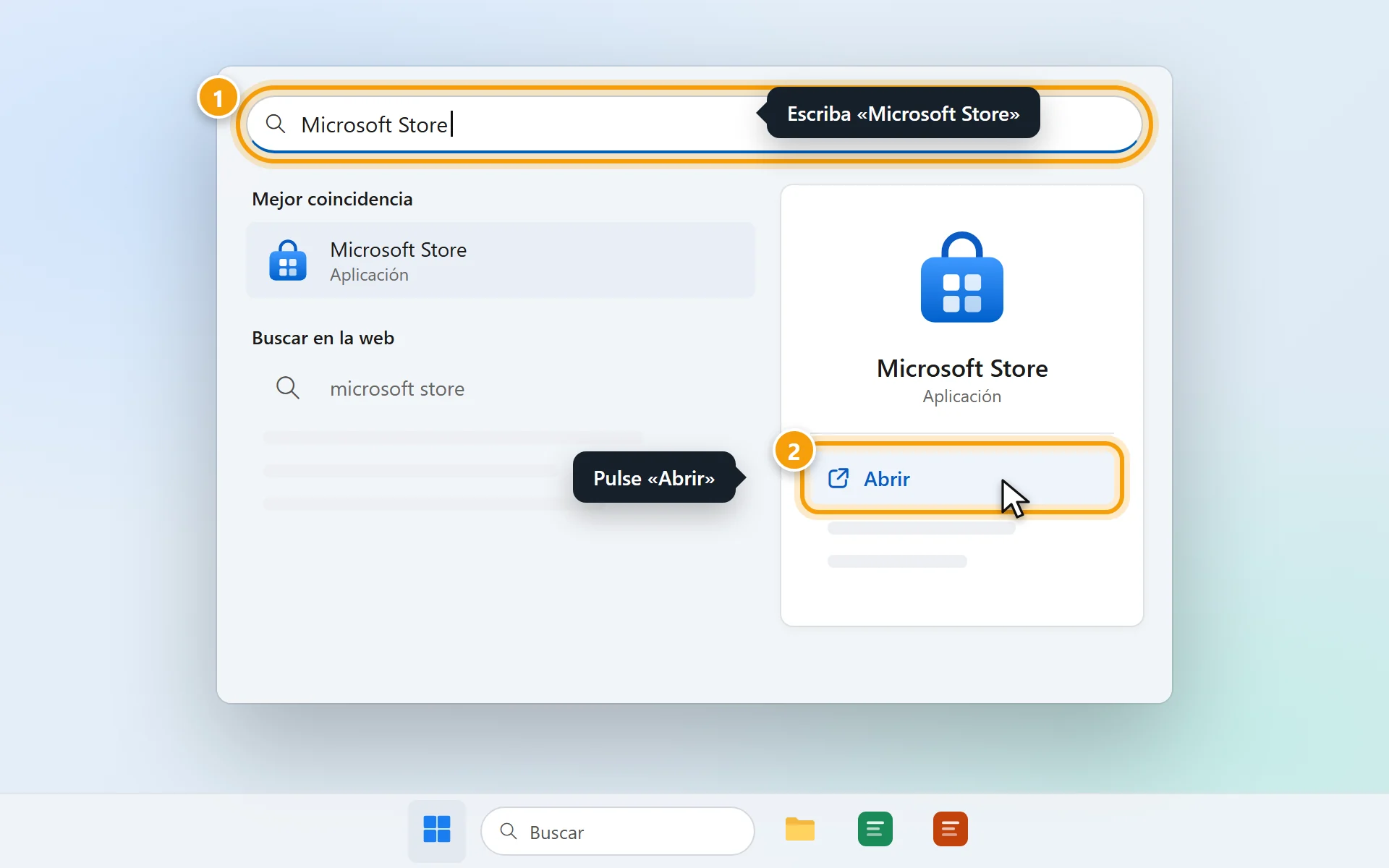 Buscador de Windows con «Microsoft Store» escrito y la opción Abrir señalada.