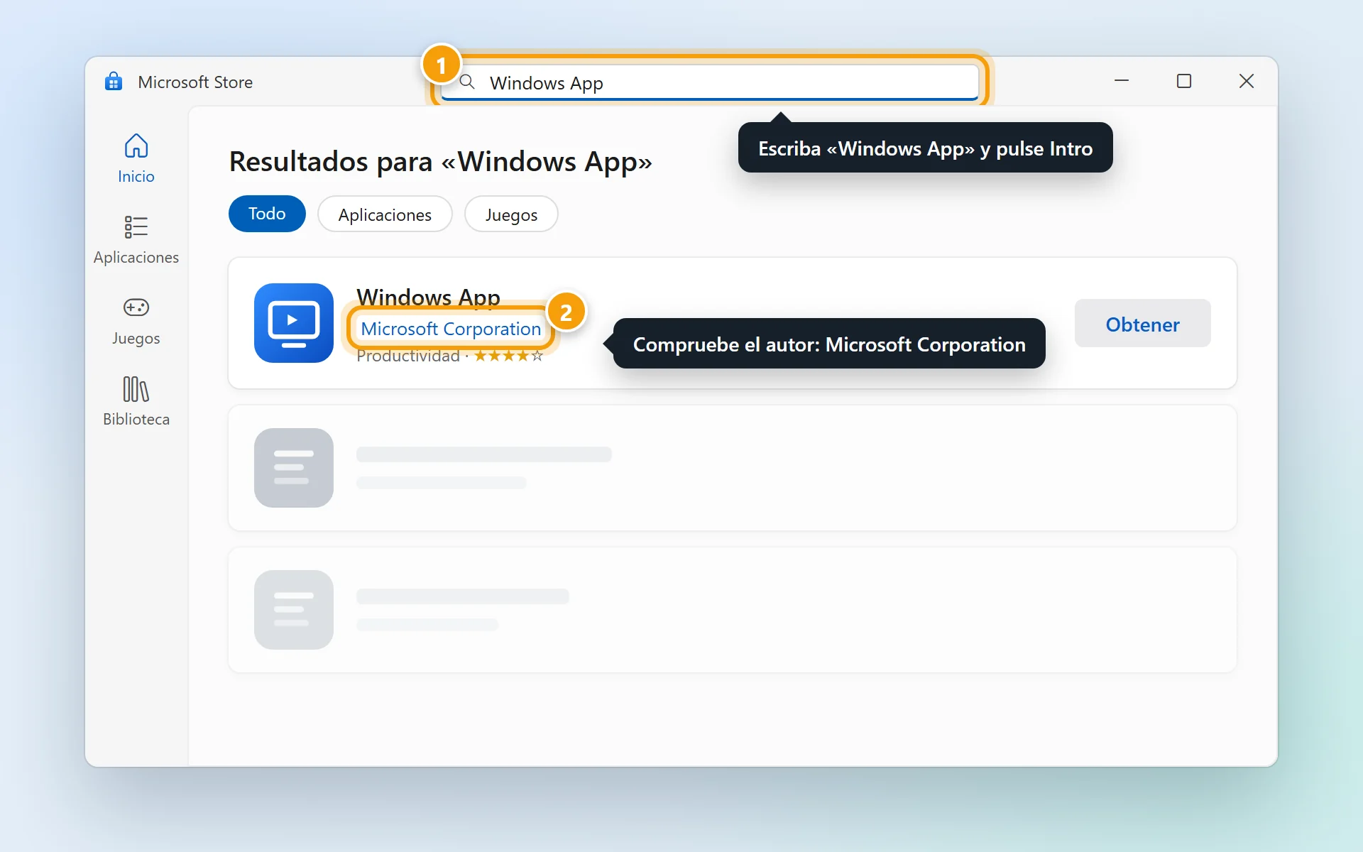 Microsoft Store con «Windows App» buscado y el autor Microsoft Corporation señalado.