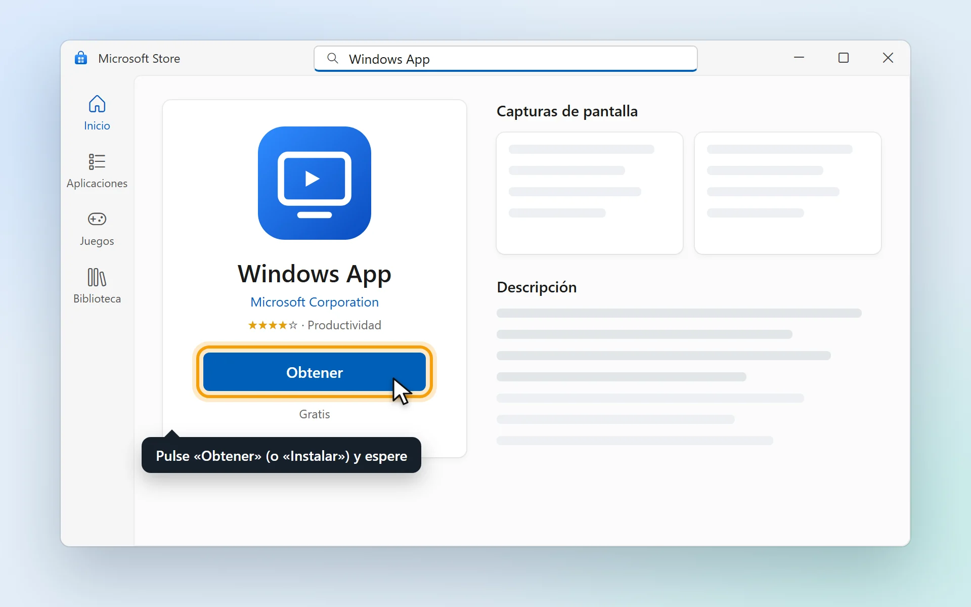 Página de Windows App en Microsoft Store con el botón Obtener señalado.