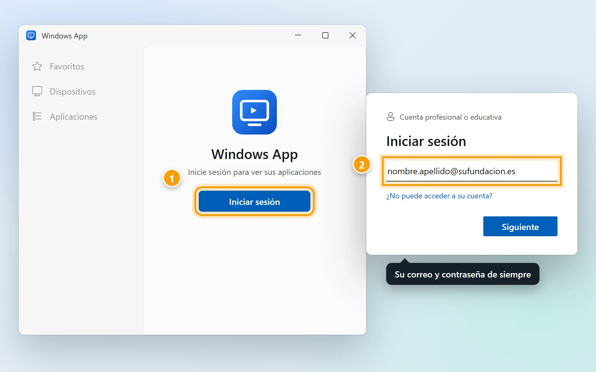 Windows App con el botón Iniciar sesión y la ventana para escribir el correo.