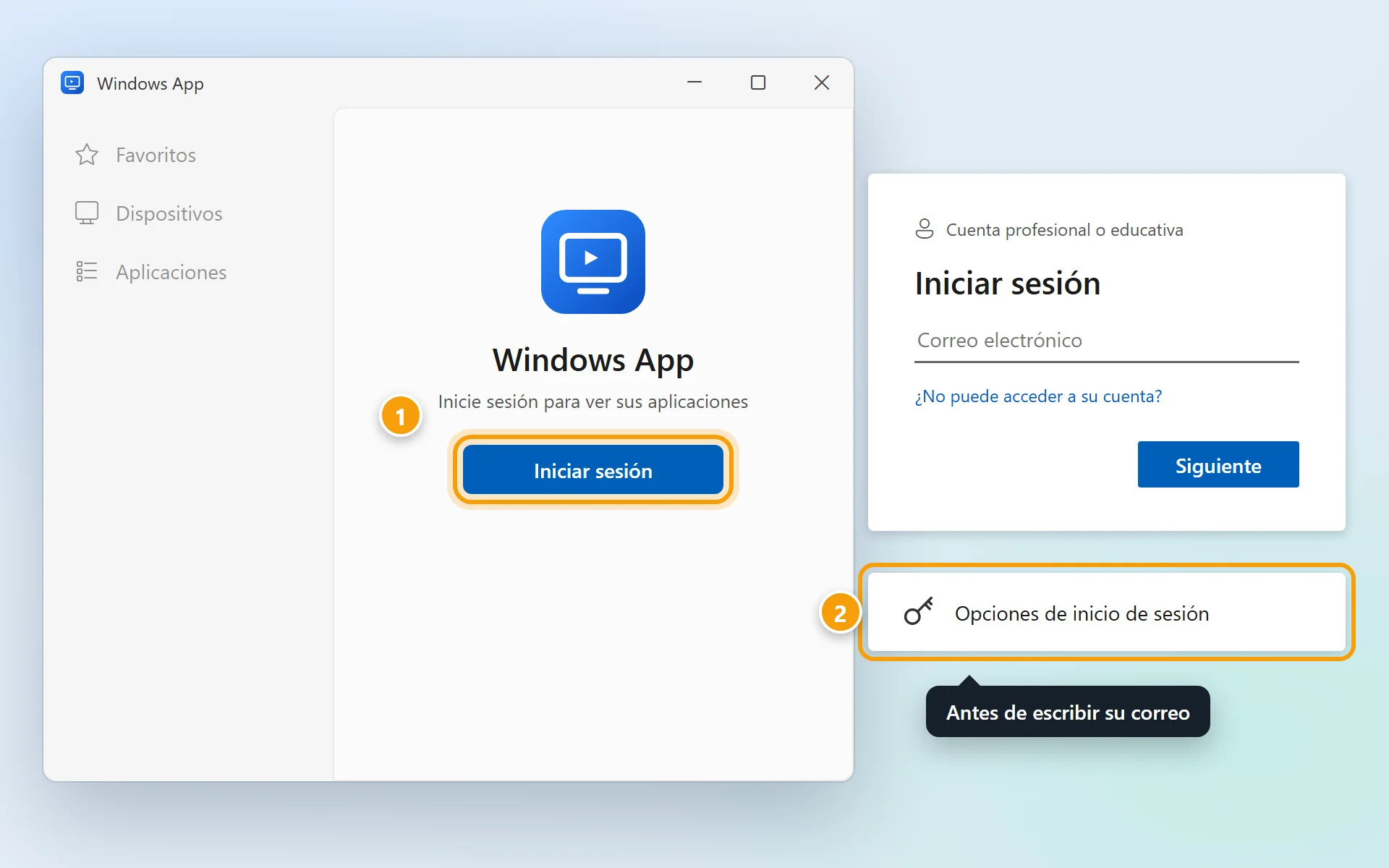 Windows App con el botón Iniciar sesión señalado; al lado, la ventana de inicio de sesión de Microsoft con Opciones de inicio de sesión señalada.