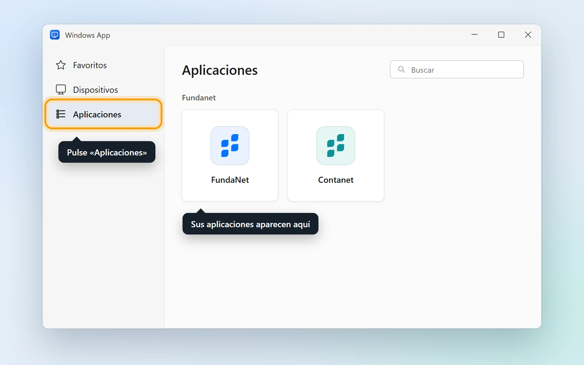 Windows App en la sección Aplicaciones, con FundaNet y Contanet.