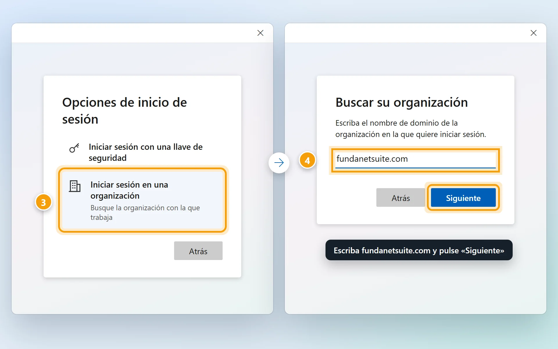 Las ventanas Opciones de inicio de sesión, con Iniciar sesión en una organización señalada, y Buscar su organización, con fundanetsuite.com escrito y el botón Siguiente.